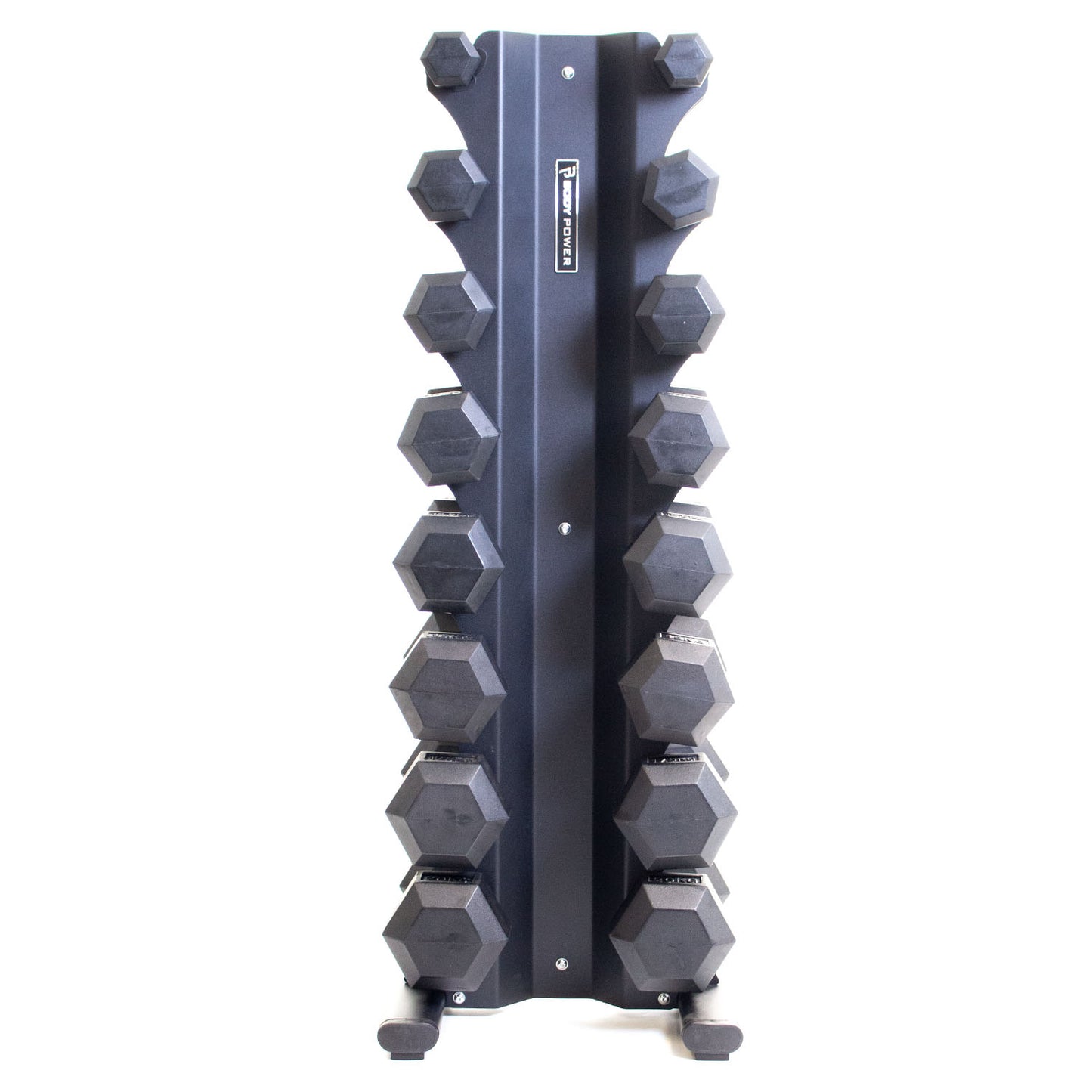 Body Power 8 Pair X-Series Rack and Rubber Hex Dumbbell Set